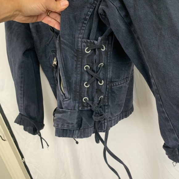 Free People Denim Moto Jacket Womens Small Black Oversized Corset Lace-Up Sides - Picture 10 of 16
